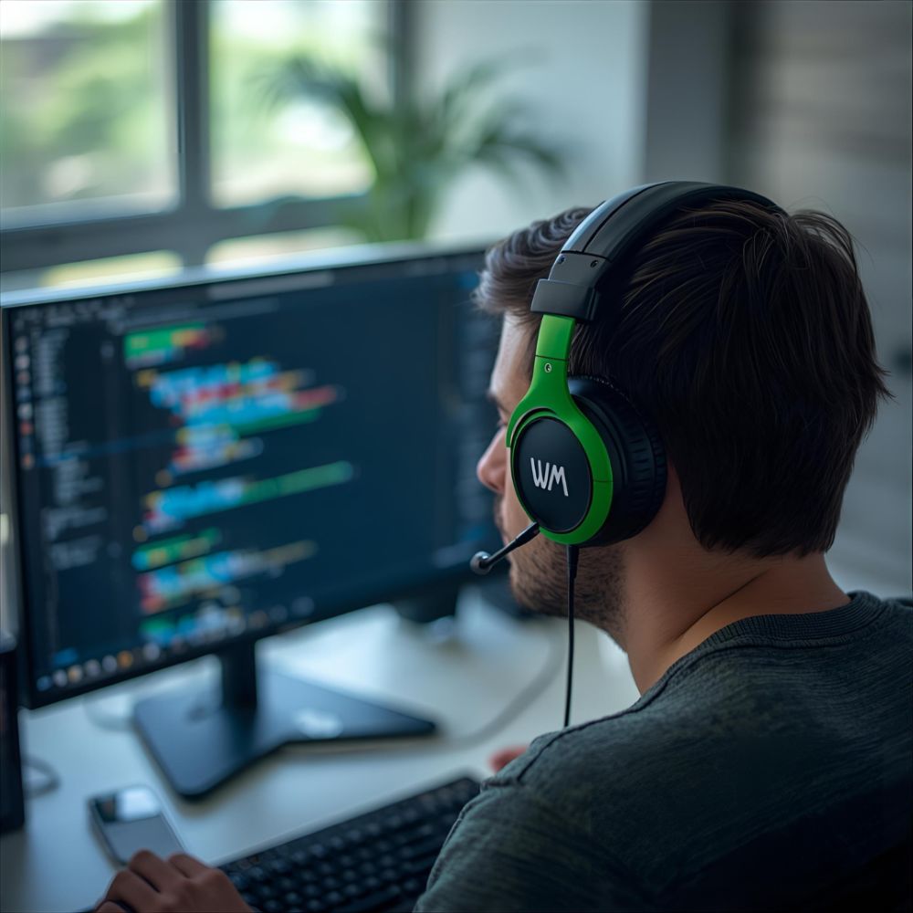 Person-completes-tasks-while-wearing-wavemaster-headphones-on-hes-computer